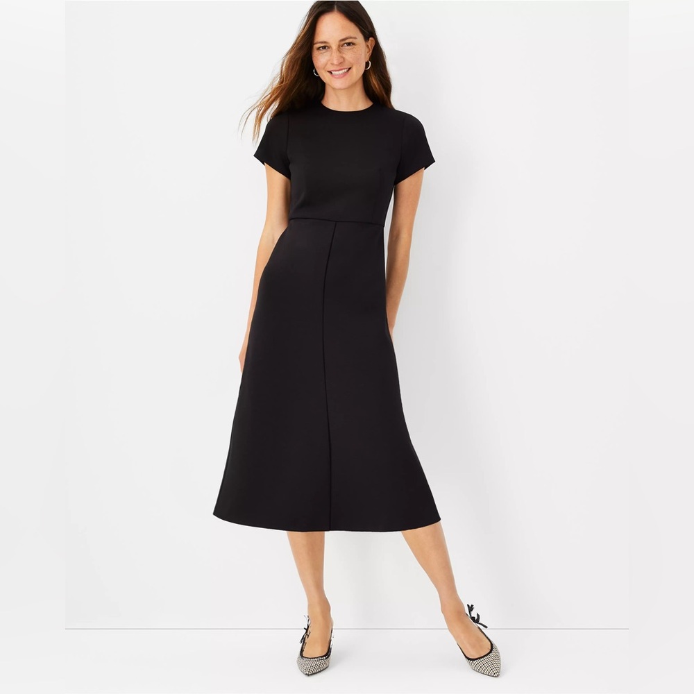 Ann Taylor NWT Midi Flare Black Minimalist Dress, Double Knit, Size 12T